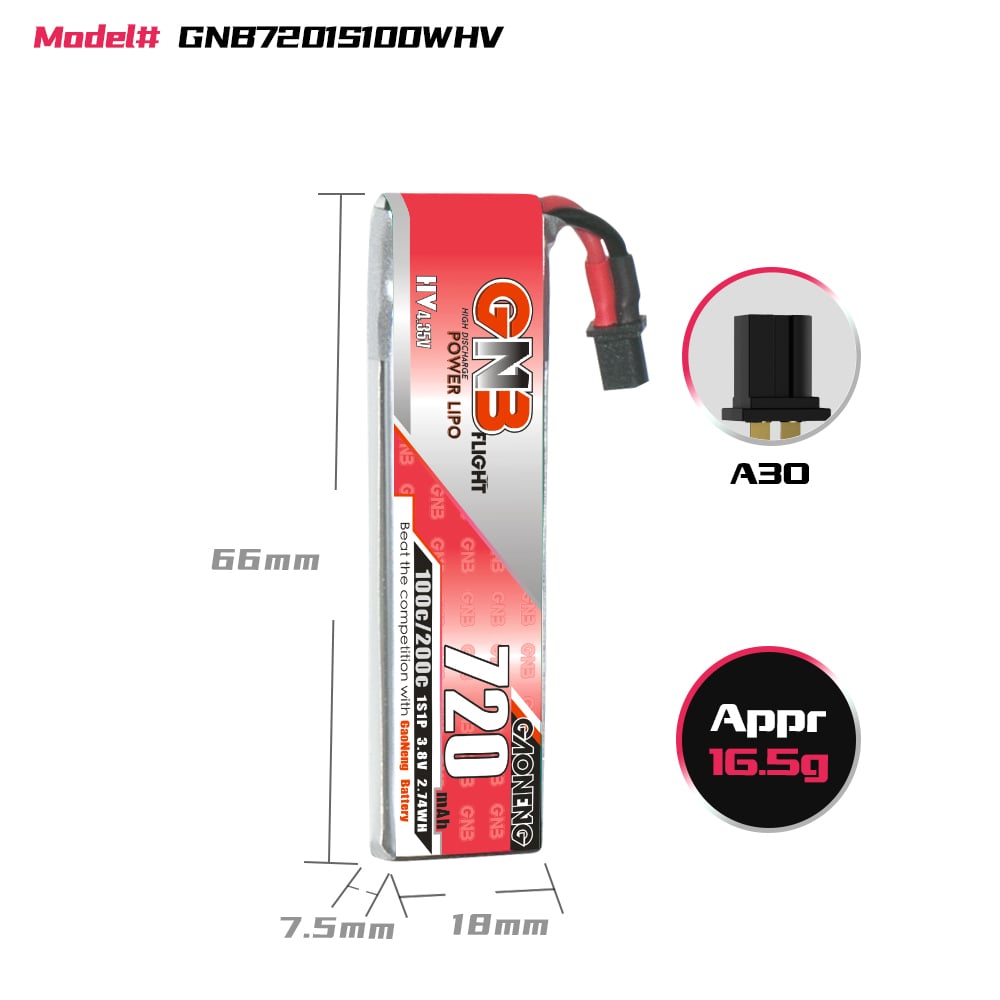 GAONENG GNB LiHV 1S 3.8V 720mAh 100C A30 LiPo Battery 9 GAONENG GNB LiHV 1S 3.8V 720mAh 100C A30 LiPo Battery 5 - Gaoneng GNB